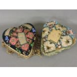 Two 'Sweetheart' cushions, both heart shaped, with coloured beadwork, etc, largest 25cm