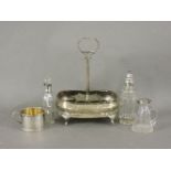 A silver condiment frame, London 1807, 25cm high, an oil bottle and stopper, with a silver mount,