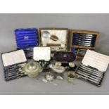 Six boxed sets of silver and silver plated flatware, a boxed set of silver salts and spoons, and a