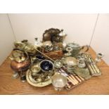 A quantity of silver plate, copper and brass items, including silver plated candelabra, goblets,