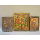 Three icons, all in polychrome on wood panels including the Madonna and Christ, to include Russian