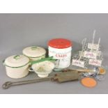 Various kitchenalia, including enamel examples