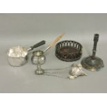 A collection of silver and silver plated items, including two brandy warmers