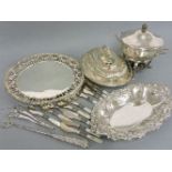 A silver handled toasting fork, a salver with silver mounts, a plated basket, a vegetable tureen,