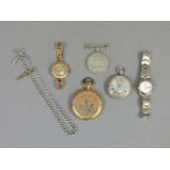A 9ct gold ladies wristwatch, a gold plated fob watch, a silver fob watch and Albert, a Seiko