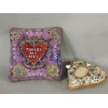 Two 'Sweetheart' cushions, one square, one heart shaped, both with mottos, coloured beadwork and