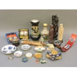 A quantity of Oriental items, including a brass inlaid hardwood figure, and cloisonné wares