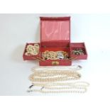 A two row graduated cultured pearl necklace, and a small quantity of costume jewellery