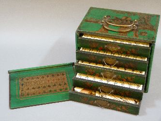 A mahjong set, in green painted box, with chinoiserie decoration