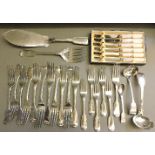 Eleven 19th century silver fiddle pattern table forks, various dates, six silver dessert forks,
