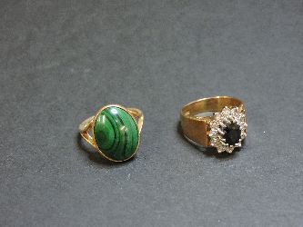 A 9ct gold sapphire and diamond cluster ring, and a 9ct gold malachite ring