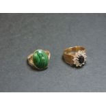 A 9ct gold sapphire and diamond cluster ring, and a 9ct gold malachite ring