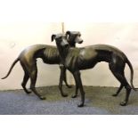 Two greyhounds, life size, bronze, male and female