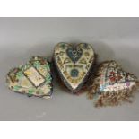Three 'Sweetheart' cushions, all heart shaped, with coloured beadwork, messages, etc, largest 21cm