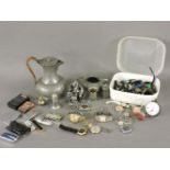 A quantity of miscellaneous items, to include pewter, metalwares, die cast cars, and an AA badge