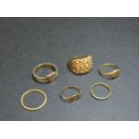 Two 22ct gold wedding rings, a 9ct gold shot ring, two 9ct gold signet rings, and a gold hair ring