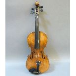 A cased violin, and bow, violin bearing a label 'Jacob Steiner', with repairs