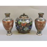 A pair of late 19th century cloisonné vases, and a cloisonné pot pourri lidded jar