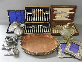 Silver plated items, wine funnel, three card sets of cutlery, inkwell, etc