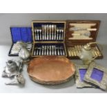 Silver plated items, wine funnel, three card sets of cutlery, inkwell, etc