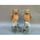 A pair of Chinese pottery owls, each with enamelled eyes, well painted details, on pierced