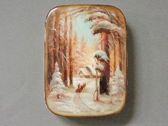 A Russian Fedoskino lacquer box, painted with a snow scene, inset mother of pearl sun, 10 x 7.5 x - Image 2 of 2