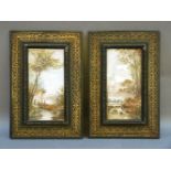 A pair of Victorian hand painted porcelain panels, heron on a stream, and rural scene with boats