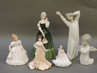 Three Royal Doulton figures, a Coalport figure, and two Lladro figures