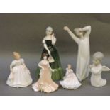 Three Royal Doulton figures, a Coalport figure, and two Lladro figures