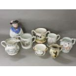 A collection of 19th century pottery, Ancient Royal Forresters, a frog mug, a mask jug, two