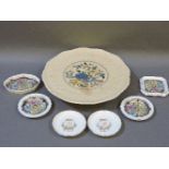 A Masons cake plate, four Wedgwood dishes, and two others