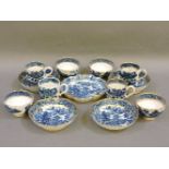 Various Caughley wares, in blue and white chinoiserie pattern, including coffee cups and saucers