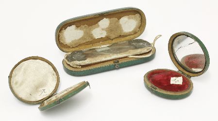 A late 18th century shagreen toothpick holder, the interior with plush lining and remnants of mirror