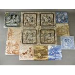 A collection of printed Victorian tiles, two by Moyr Smith, four depicting earth, water, air and