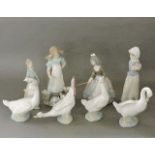 Three Lladro figures, one Nao, and four geese