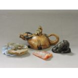 A jade brush washer, amber tiger, hardstone and soapstone buffalo, and rider teapot