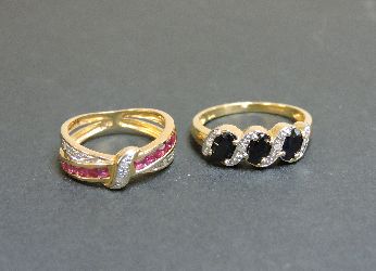 A 9ct gold sapphire and diamond ring, and a 9ct gold ruby and diamond ring