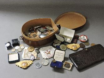 Medals, badges and coins, including Victorian crowns, etc