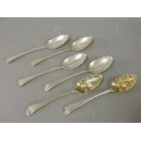 A pair of George III berry spoons, Eley & Fearn, London 1806, and a set of four silver table spoons,