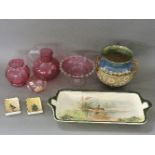 Glass and china, including four cranberry items, Doulton series ware tray, two small dishes, and a