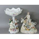 A Continental porcelain centre piece, with basket top and dancing children, and a figure group