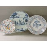 A Delft polychrome dish, centred with a bird, a blue and white dish, with a Chinaman painting, and