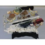 A quantity of assorted vintage textiles and accessories, including a circa 1810 gilt metal tiara