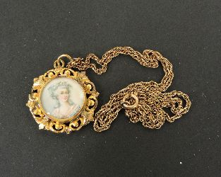 A miniature portrait pendant, and a gold chain, repair at bale