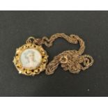 A miniature portrait pendant, and a gold chain, repair at bale