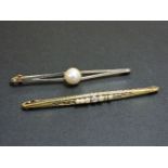 A gold cultured pearl bar brooch, marked 15ct, and a diamond and untested pearl bar brooch, tested