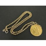 An 1887 gold £2 coin, with soldered pendant mount and chain