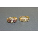 A Victorian 15ct gold sapphire, diamond and seed pearl ring, and a Victorian 9ct gold garnet and