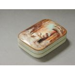 A Russian Fedoskino lacquer box, painted with a snow scene, inset mother of pearl sun, 10 x 7.5 x