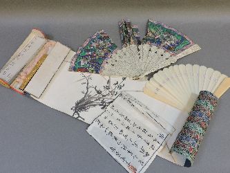 A Chinese ivory fan, with painted paper leaves, poor condition, nine plain ivory fans, and a Chinese